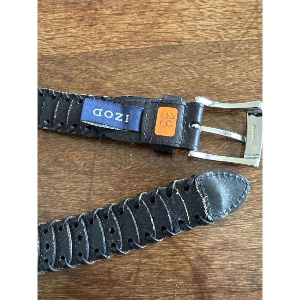 IZOD Men’s Black Leather Woven Braided Belt Sz 38 (L) Silver Buckle Adjustable